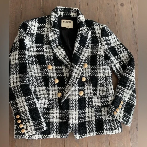 L’Agence Kenzie tweed double breasted blazer jacket ivory black